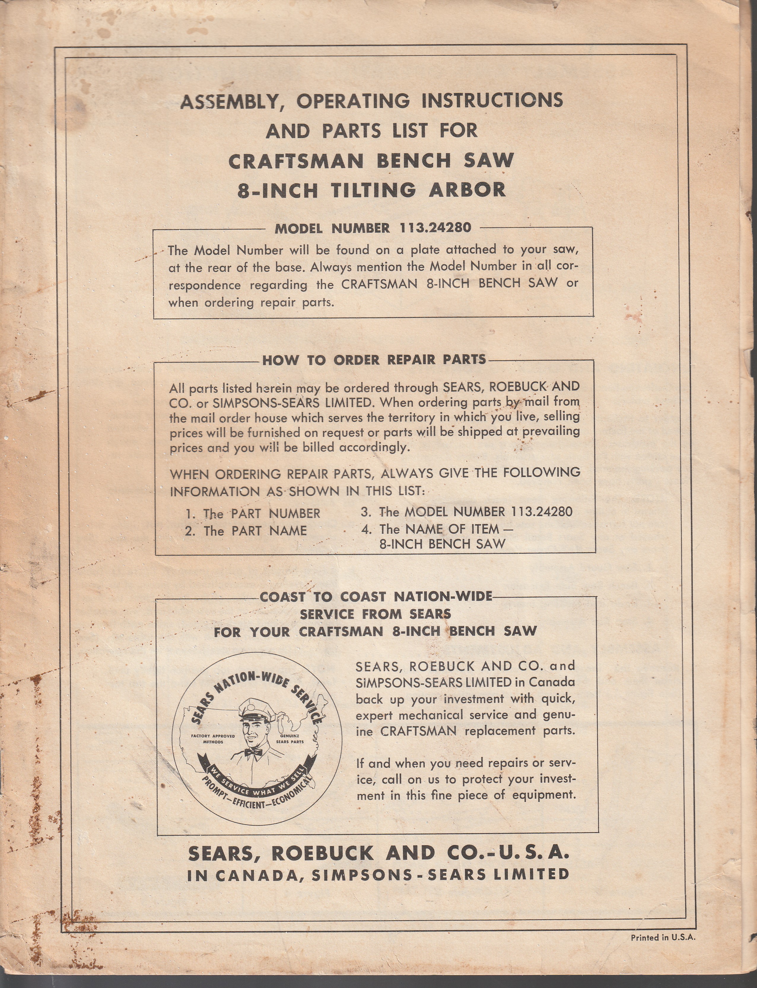 Assembly, Operating Instructions and Parts List for Craftsman Bench Saw, 8-Inch Tilling Arbor (circa 1955)