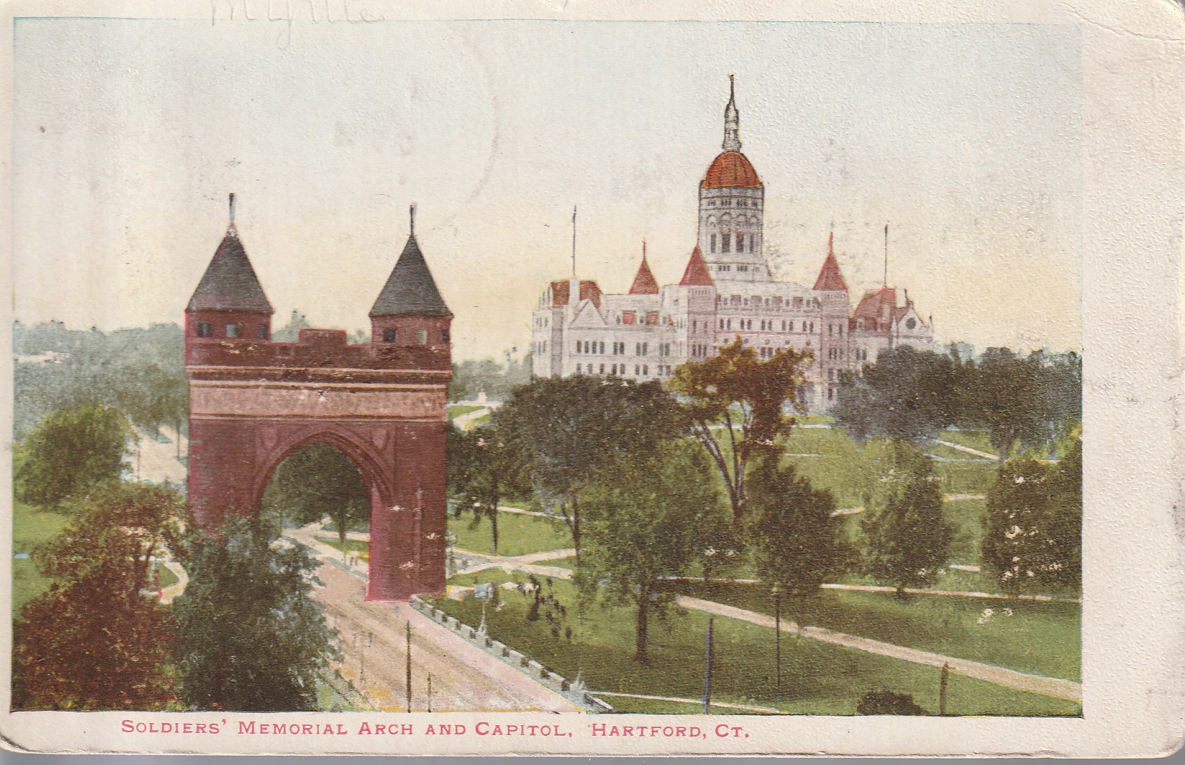 Soldiers' Memorial Arch and Capitol, Hartford CT 1908 Vintage Postcard