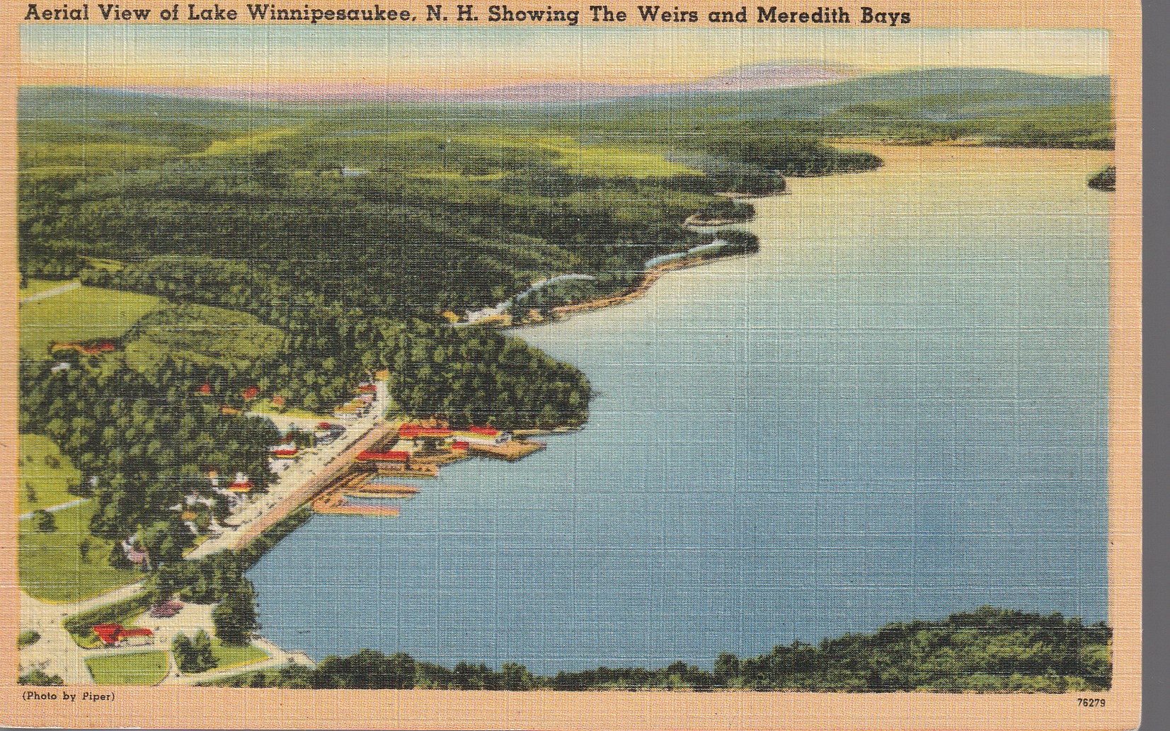 Lake Winnipesaukee NH, Aerial View The Weirs and Meredith Bays Linen Postcard, circa 1940