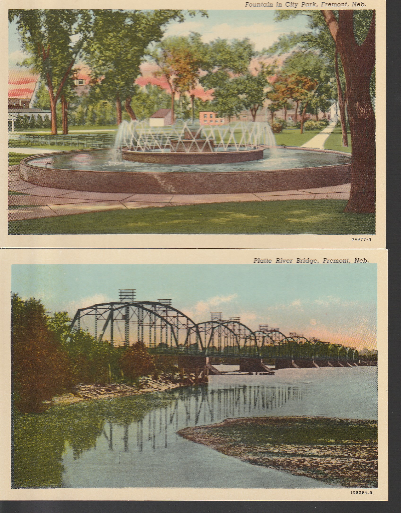 Fremont NE Platte River Bridge & City Park Fountain x2 Postcards circa 1925, White Border