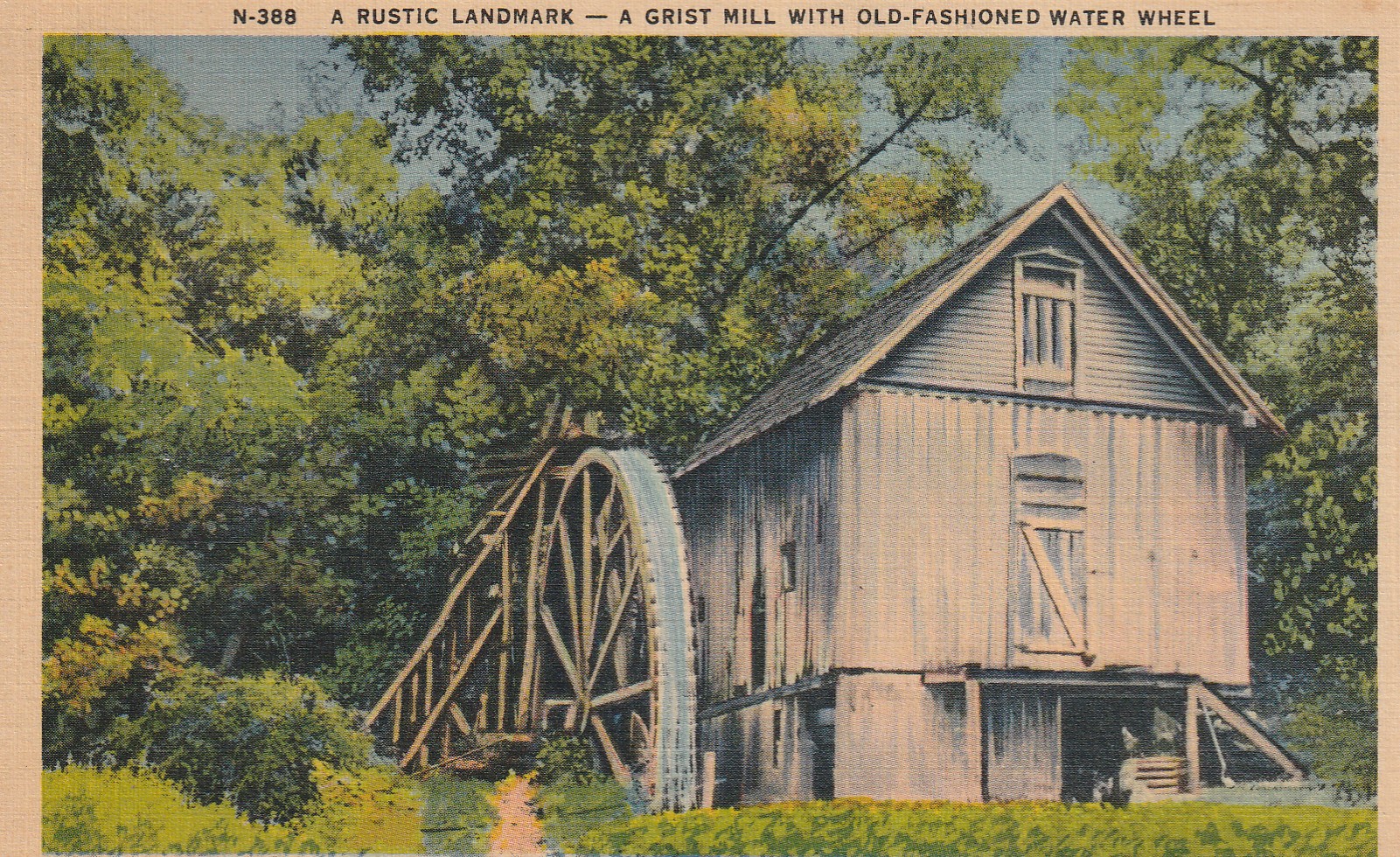 Grist Mill with Old Fashioned Water Wheel Rustic Landmark Smoky Mts circa 1920 Linen Postcard