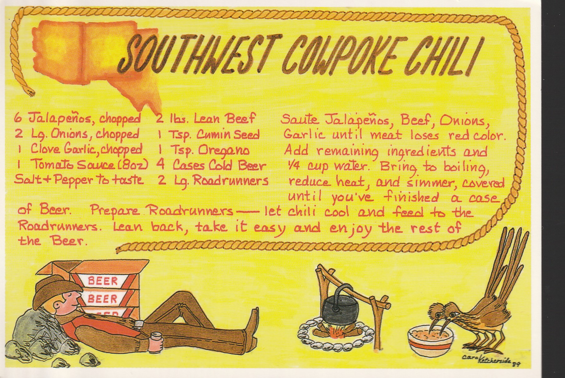 Southwest Cowpoke Chili Recipe Postcard Cara Ketcherside Drawings circa 2000