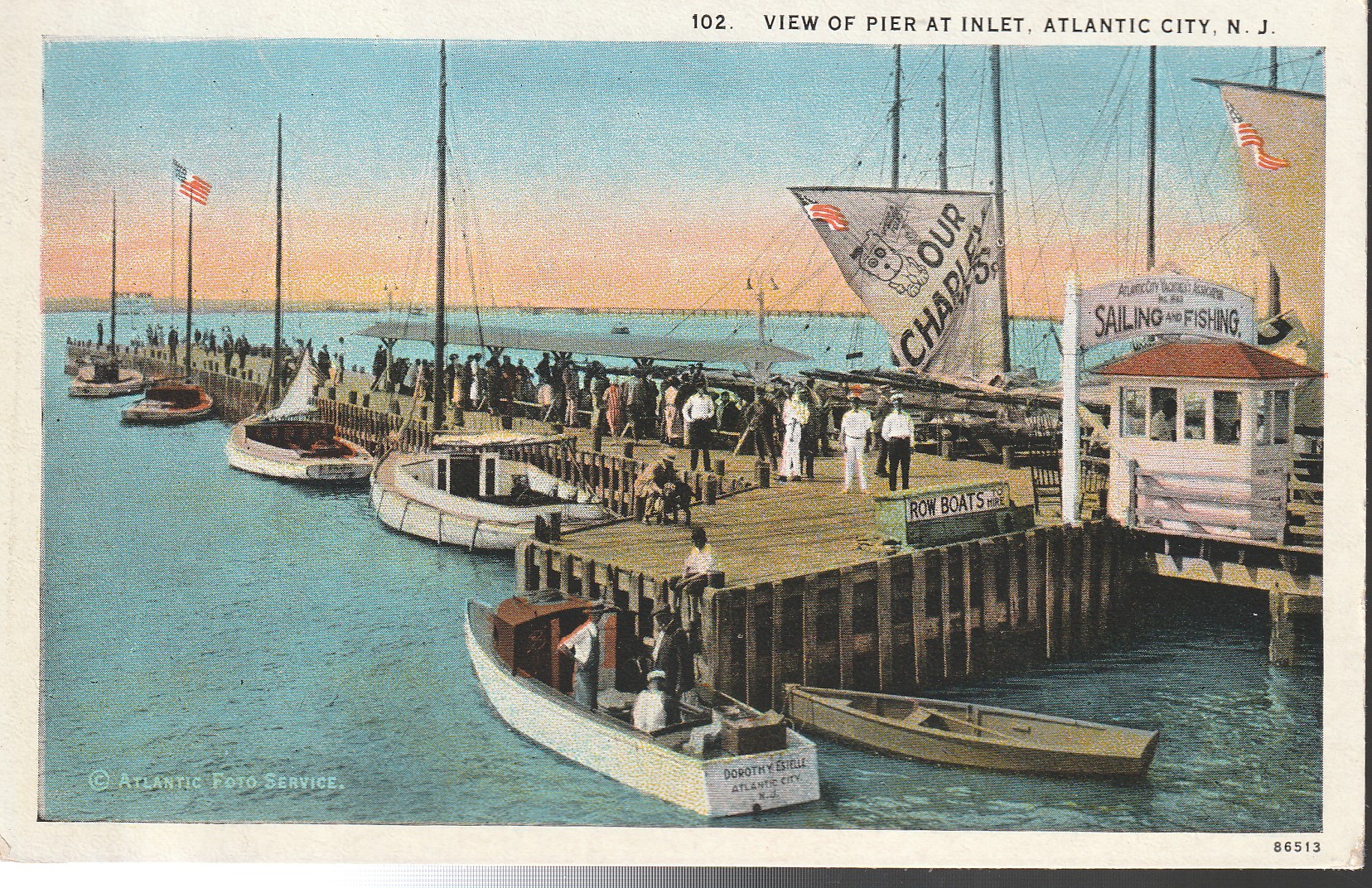 Pier at Inlet Atlantic City NJ circa 1915 Sail and Fishing Boats; Postcard