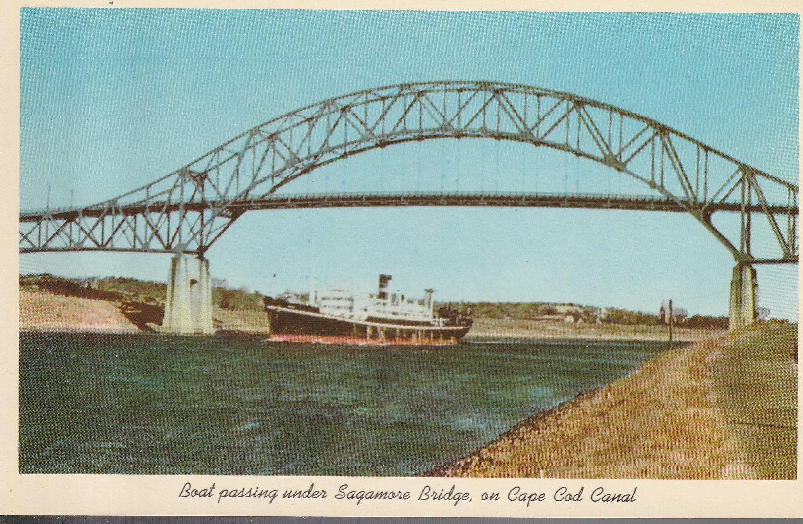 Boat Passing Under Sagamore Bridge on Cape Cod Canal circa 1930 Photo Postcard