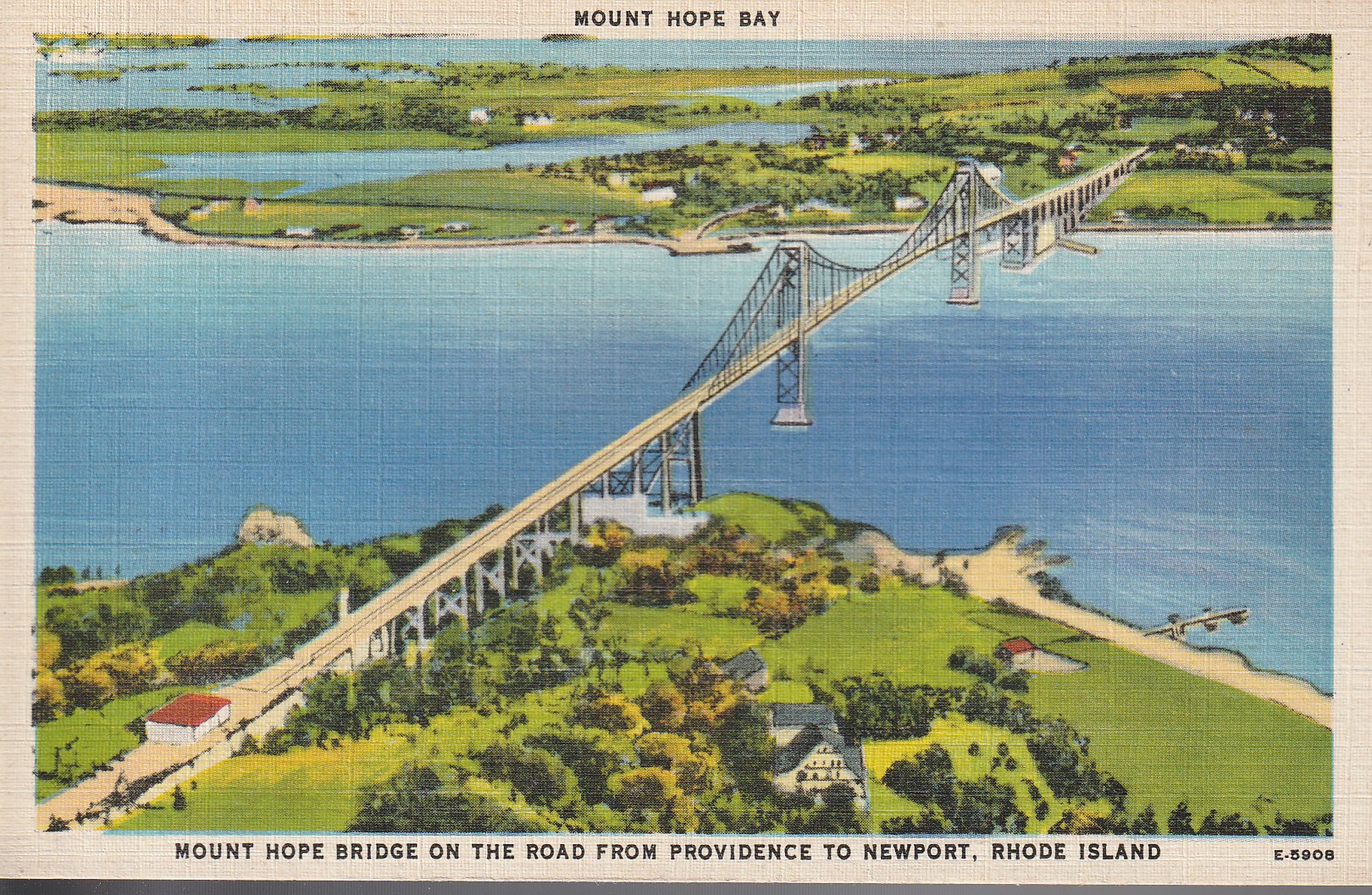 Mount Hope Bay Bridge from Providence to Newport RI circa 1930 Linen Postcard
