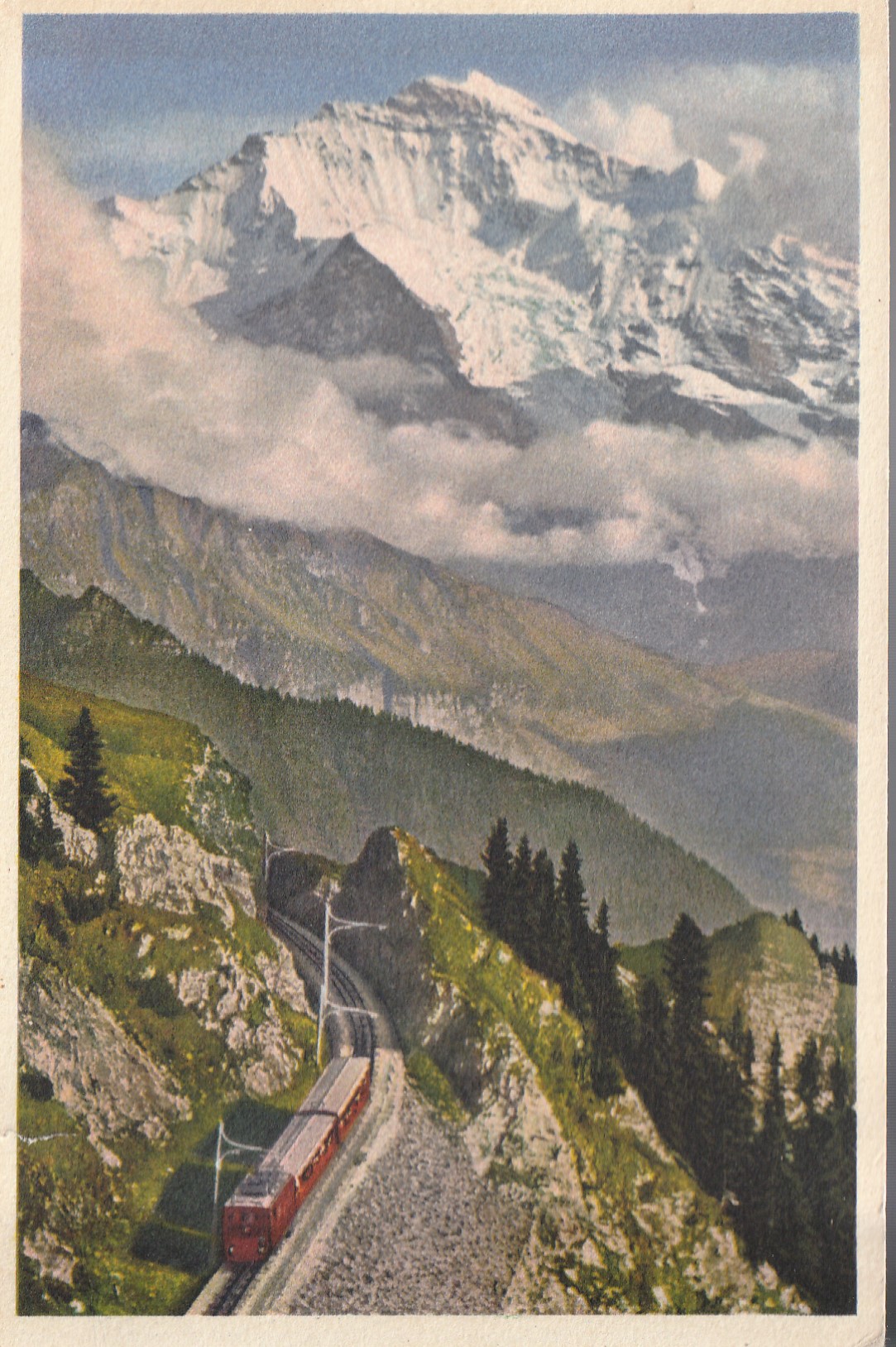 Schynige Platte-Bahn mit Jungfrau circa 1930 Color Photo Train Switzerland, Postcard