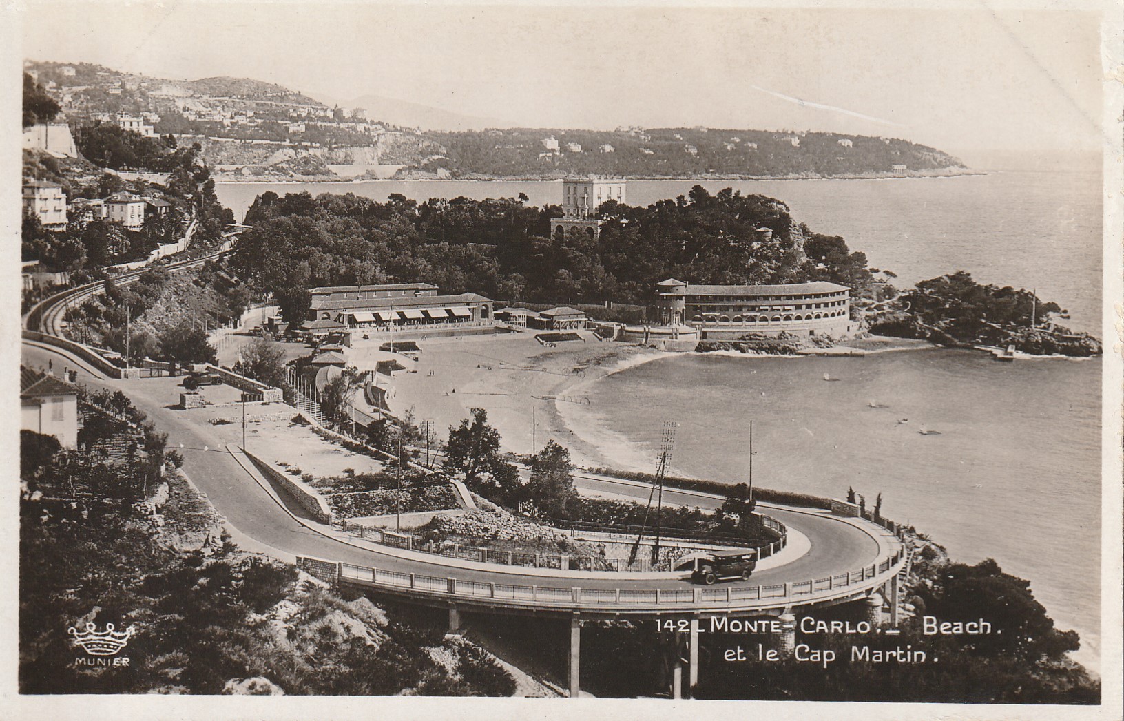 Monte-Carlo Beach et le Cap Martin Aerial Real Photo circa 1930 France