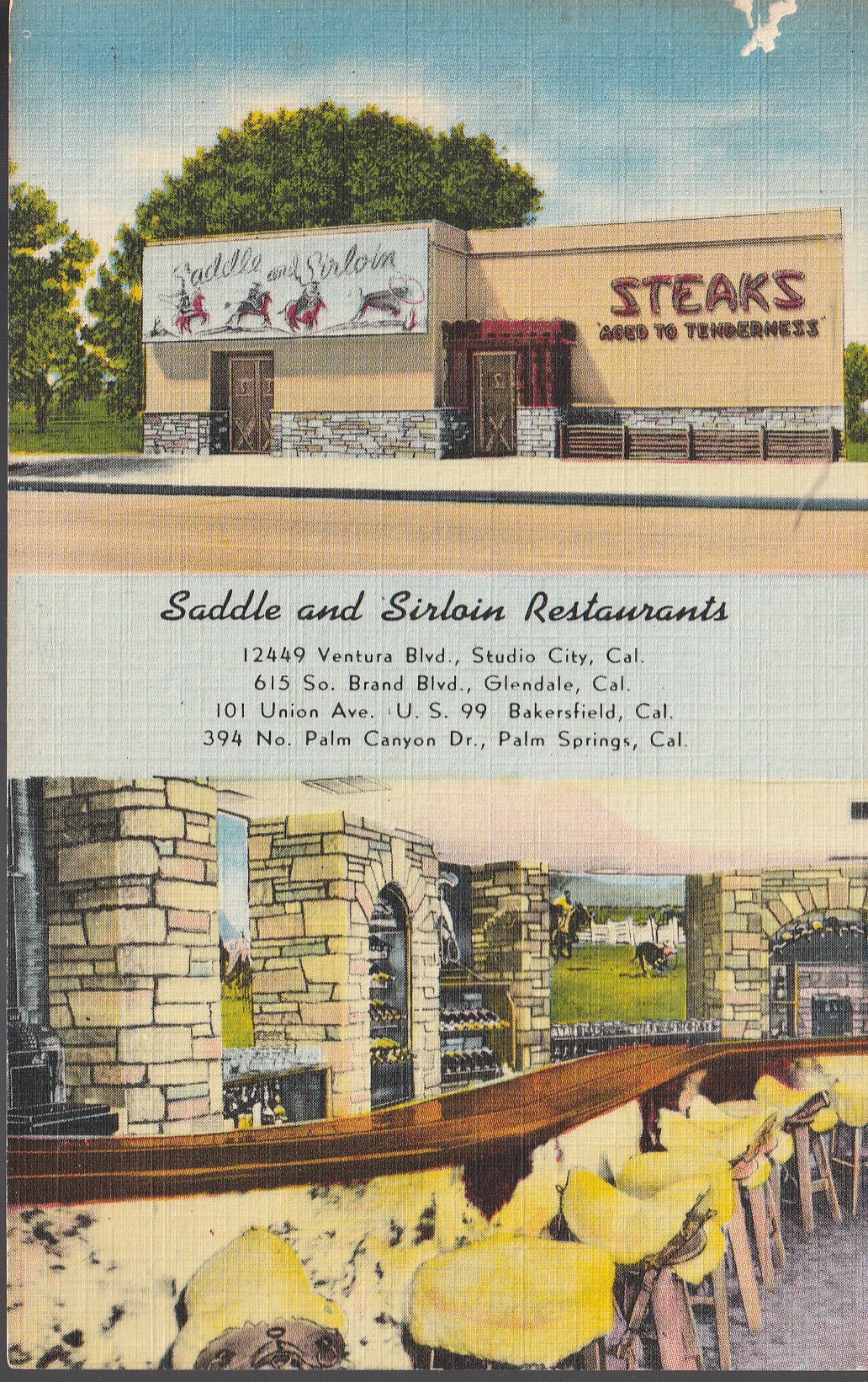 Saddle and Sirloin Restaurants circa 1932 Studio City Glendale Bakersfield Palm Springs, Linen Postcard