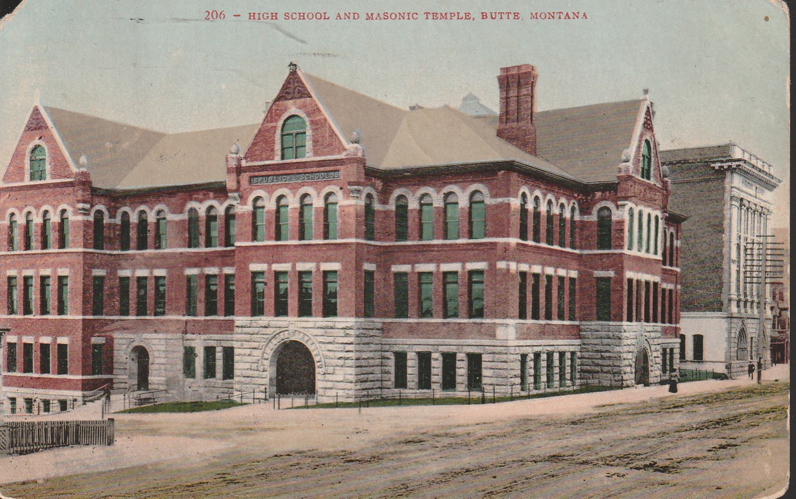 Butte Montana High School and Masonic Temple 1910 1 Franklin Rare; Postcard