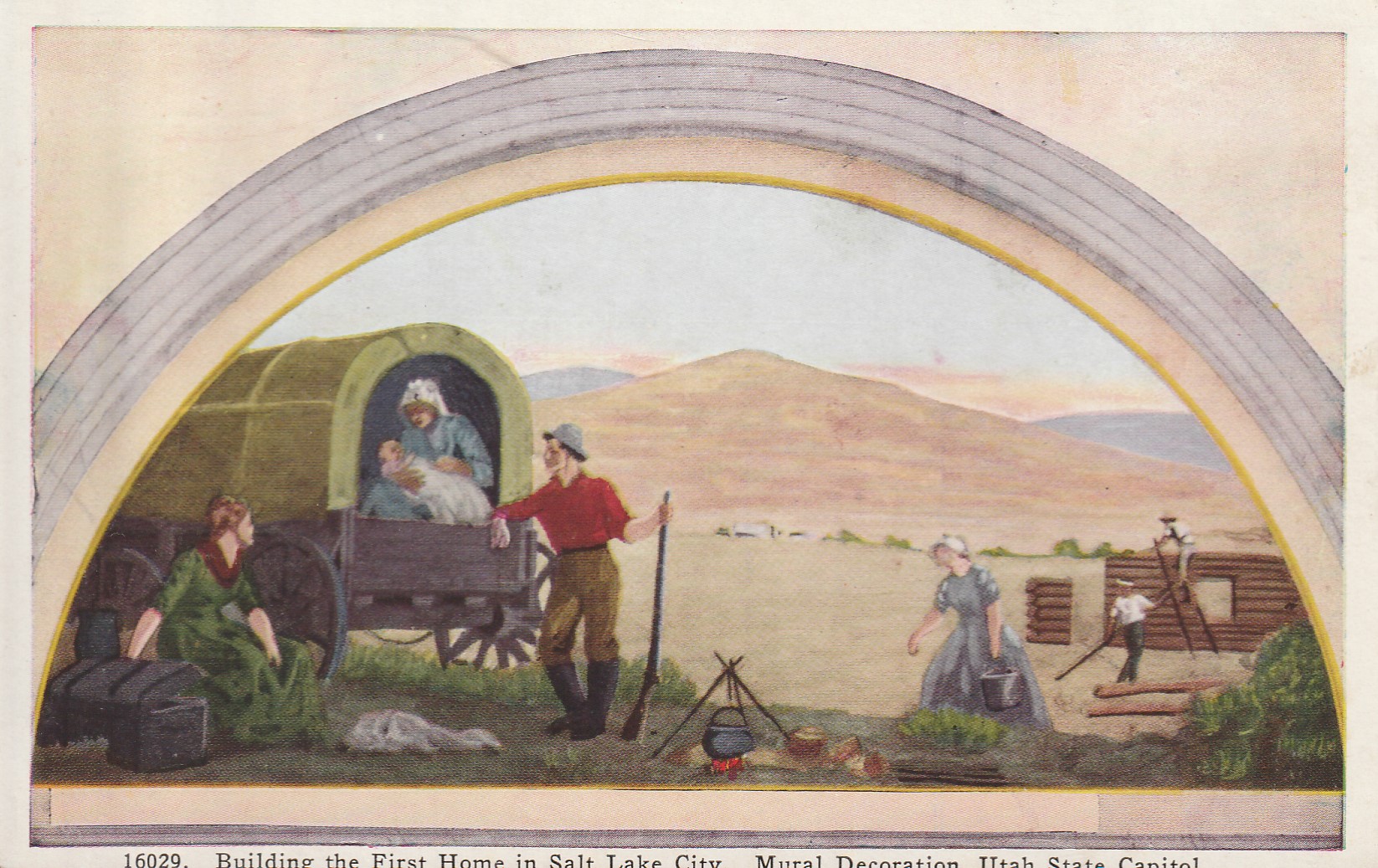 Building First Home in Salt Lake City, Mural Decoration, Utah State Capitol circa 1915 Postcard