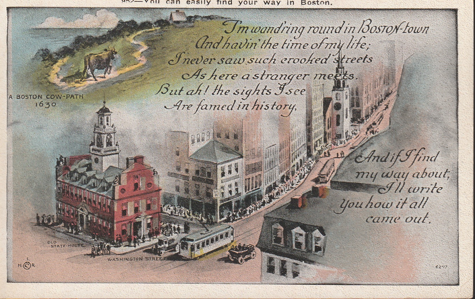 Wand'ring Round In Boston town circa 1915 Postcard Drawing