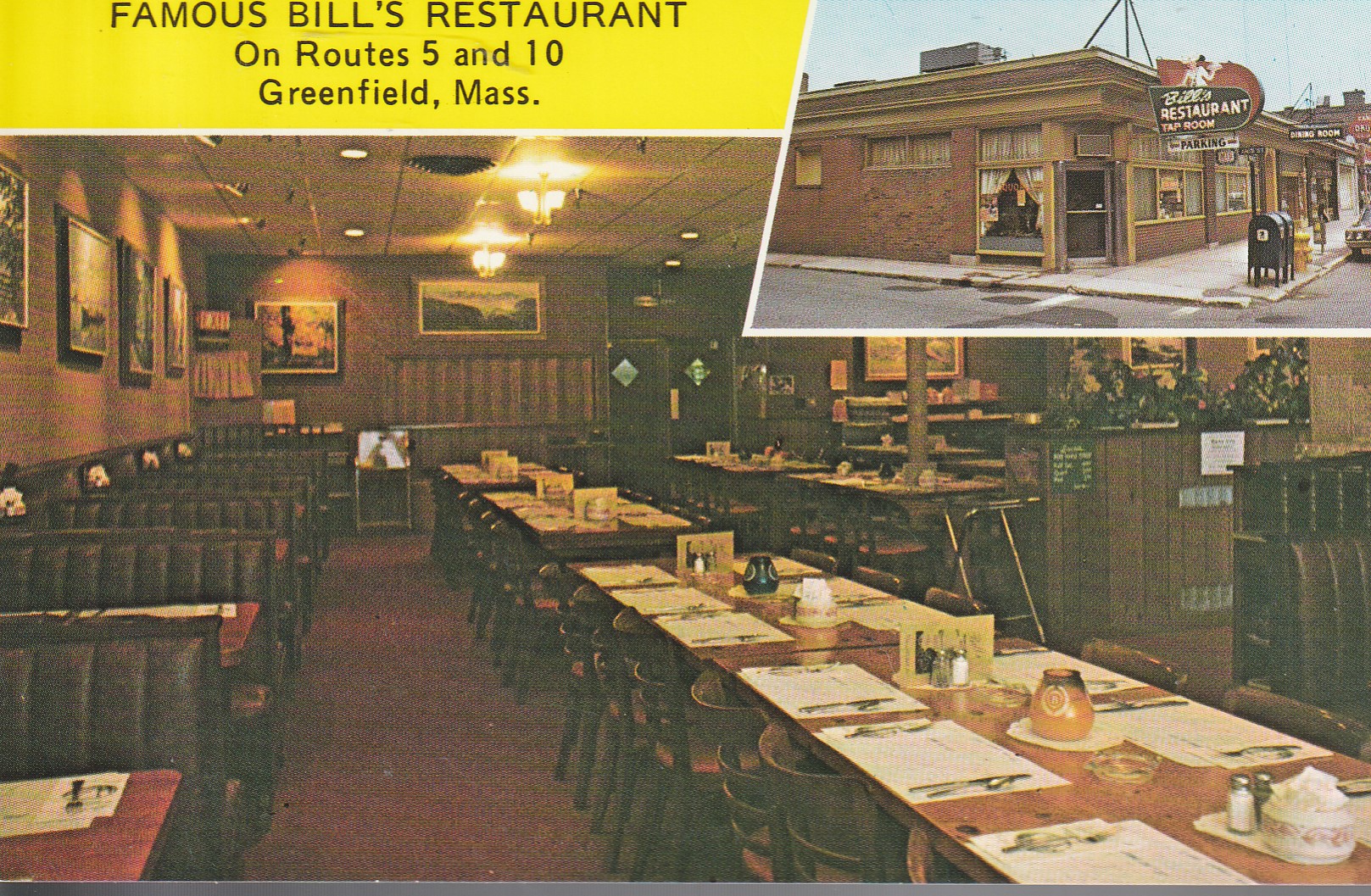 Famous Bill's Restaurant Greenfield MA Rts 5 & 10 circa 1960 Photo Postcard