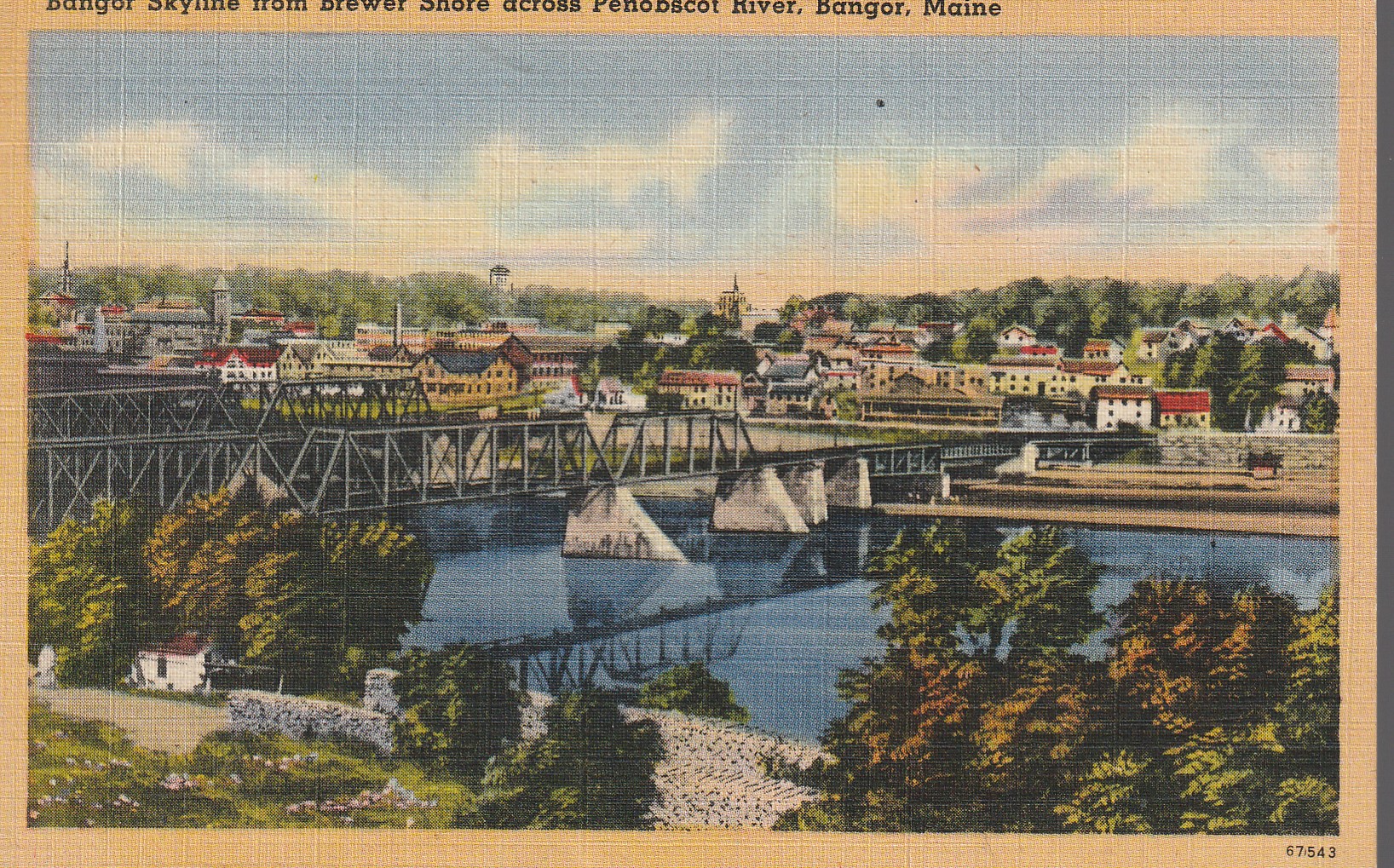 Bangor ME Skyline circa 1930 Penobscot River Linen Postcard