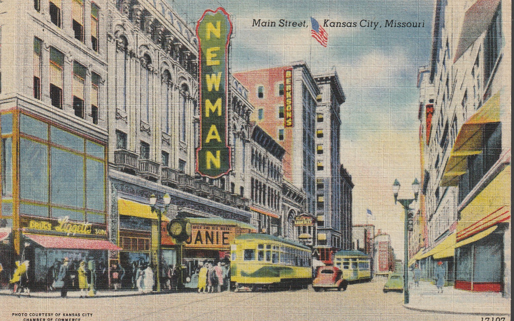 Kansas City MO Main Street Scene Streetcars Newman Theater circa 1945 Linen Postcard