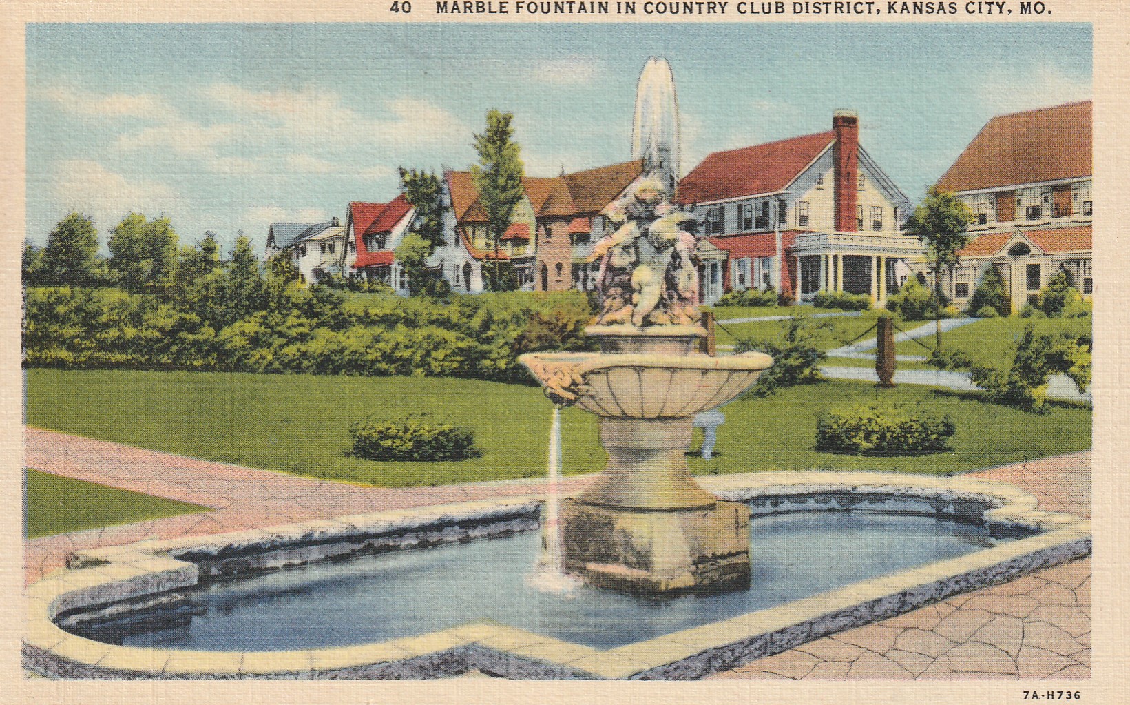 Kansas City MO Marble Fountain Country Club District Vintage Linen Postcard 1949 Rare
