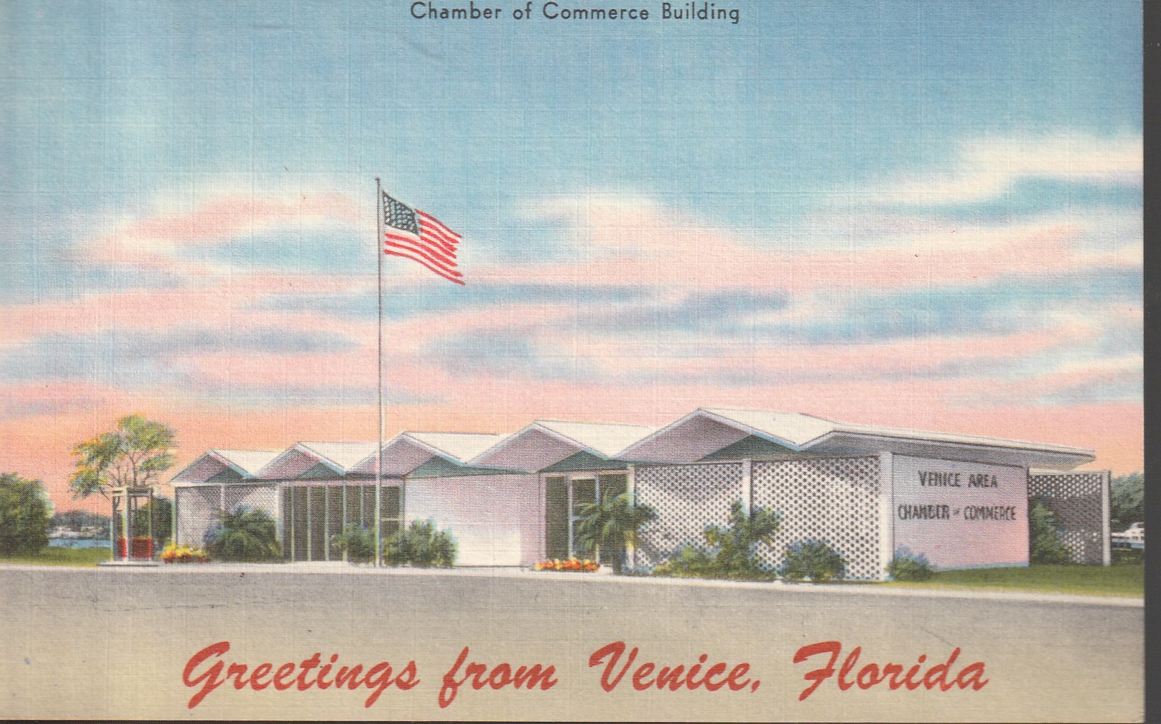 Venice FL Chamber of Commerce Building circa 1945 Linen Postcard