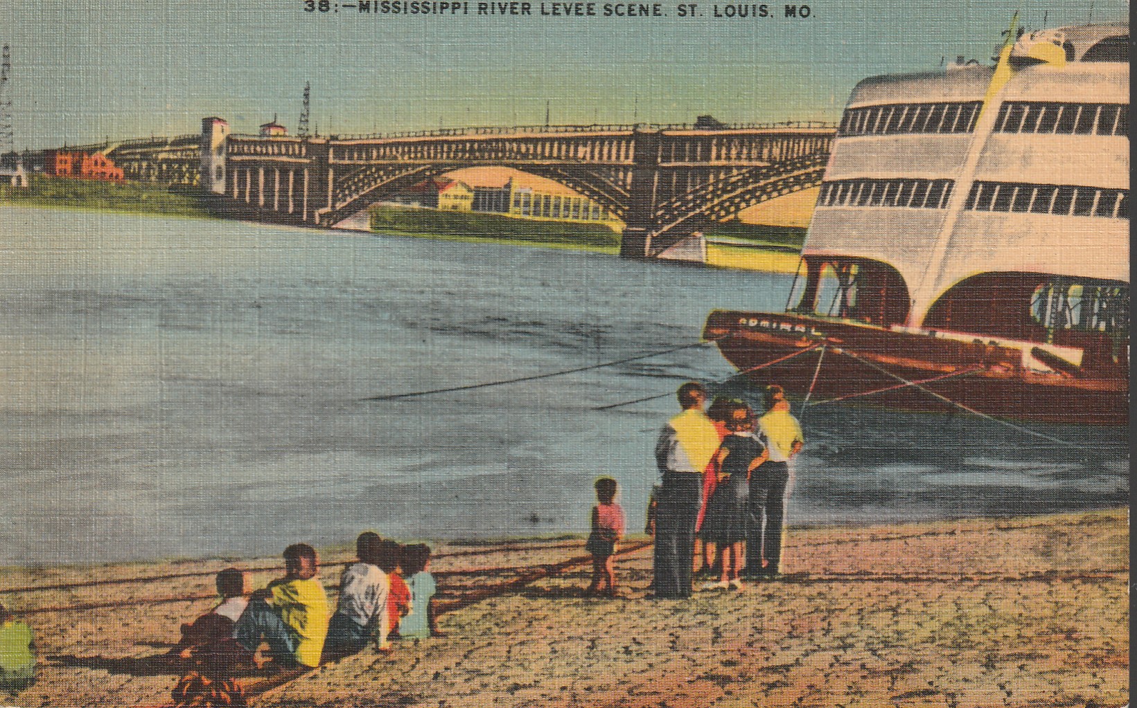 Mississippi River Levee at St Louis circa 1940 Eads Bridge Admiral Rare Linen Postcard