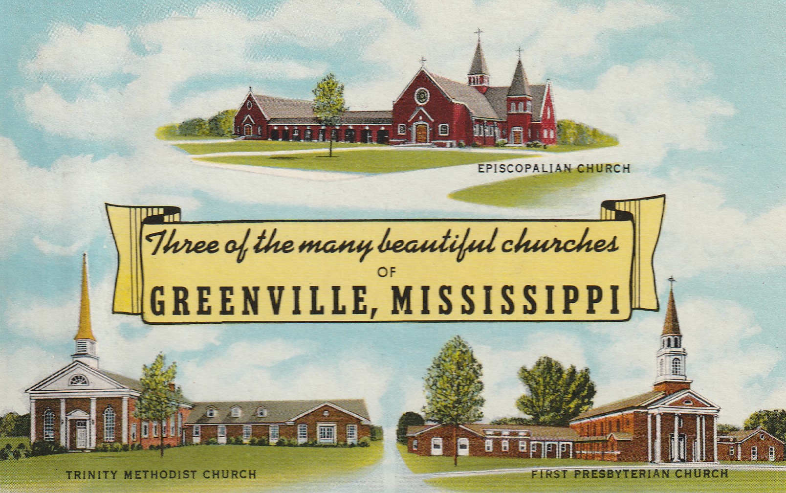 Greenville MS Three Churches circa 1957 2 Jefferson, Postcard
