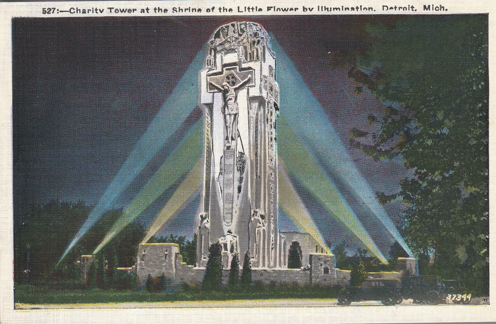 Chairty Tower Shrine of the Little Flower, Illuminated, Detroit MI circa 1935 Linen Postcard