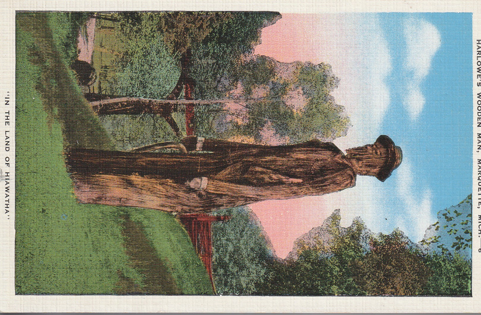 Marquette MI Harlowe's Wooden Man Wood Statue Linen Postcard circa 1935 Rare