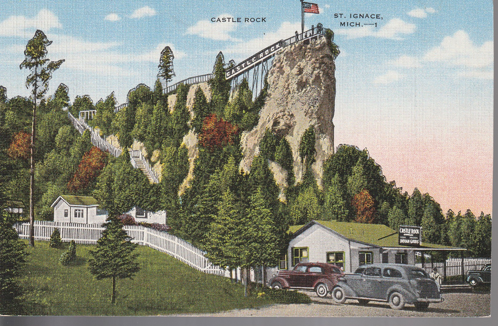 Castle Rock, St Ignace MI Pontiac's Lookout circa 1935 Linen Postcard Rare