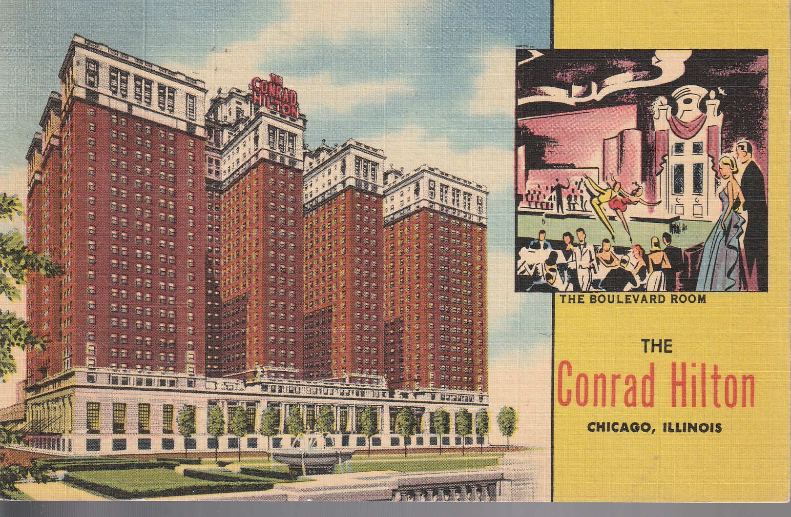 Conrad Hilton Hotel Chicago circa 1945 Art Rendering 2 Adams Rare Linen