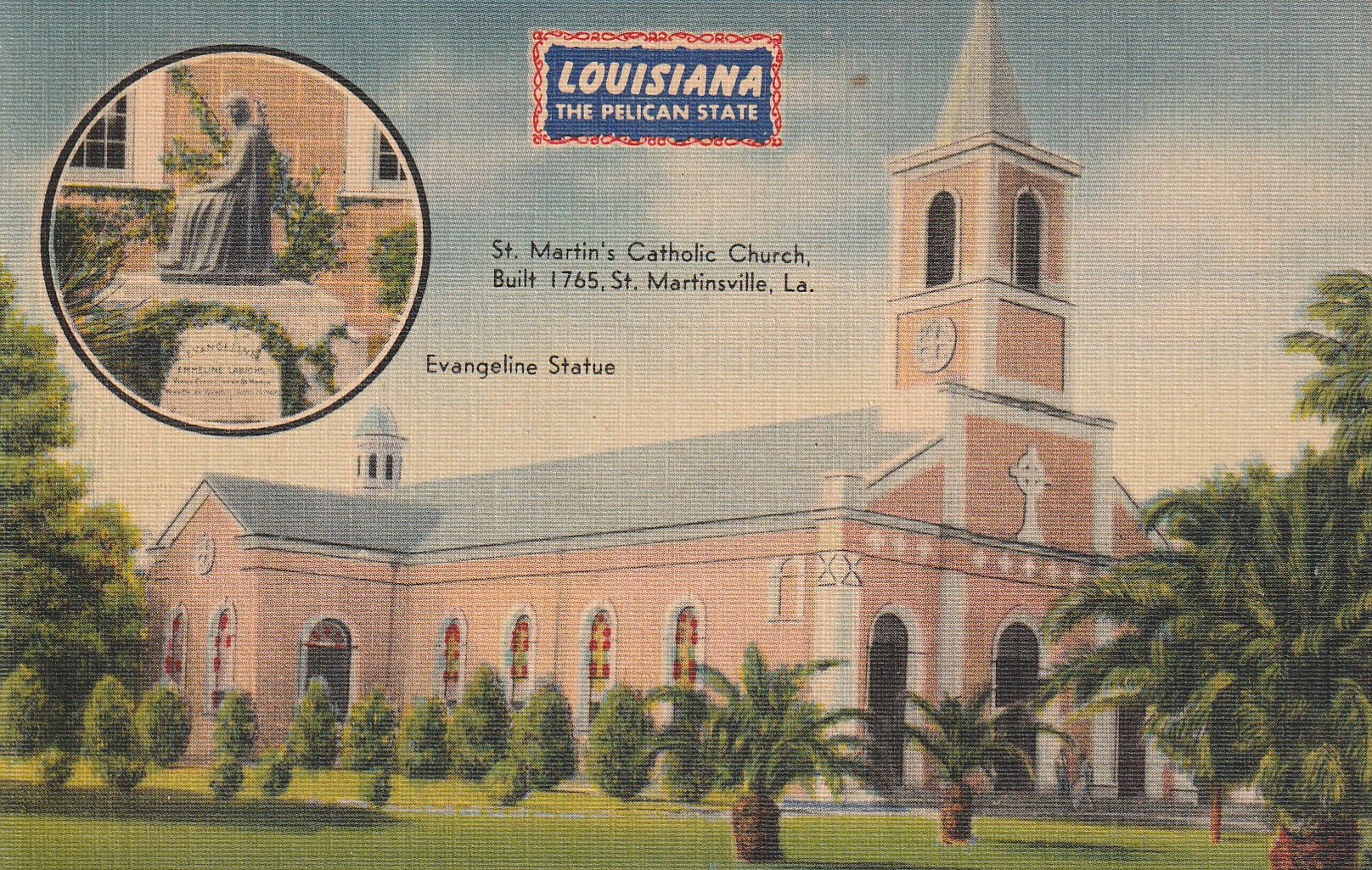 St Martin's Catholic Church & Evangeline Statue, St Martinsville LA 1946 Linen Postcard
